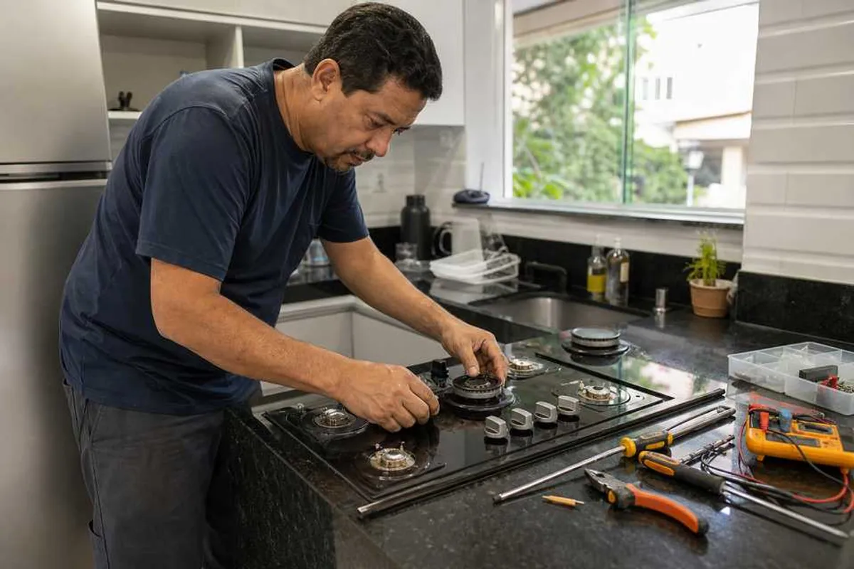 Técnico consertando cooktop com ferramentas e multímetro em cozinha residencial