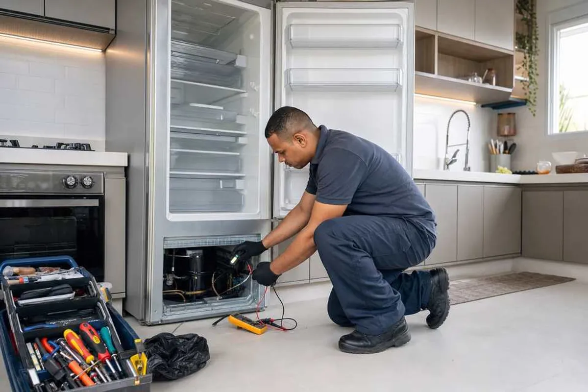 Técnico avaliando geladeira aberta em cozinha residencial no Ipiranga