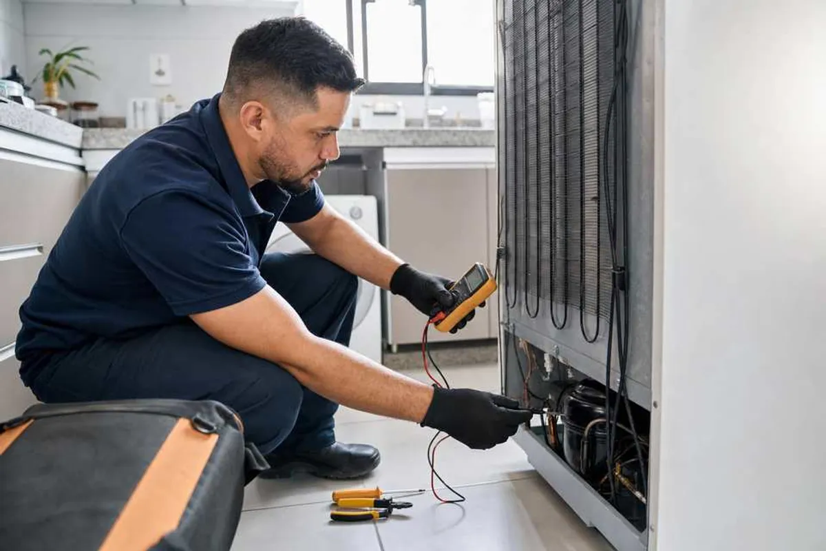 Técnico verificando componentes de geladeira durante conserto no Ipiranga